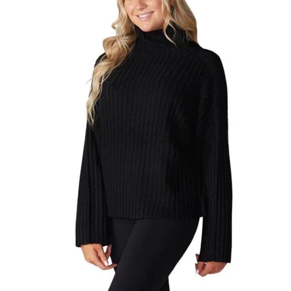 Black Tunic Sweater Mock Neck Ribbed Alpine Oversized Relaxed Small - Picture 1 of 10